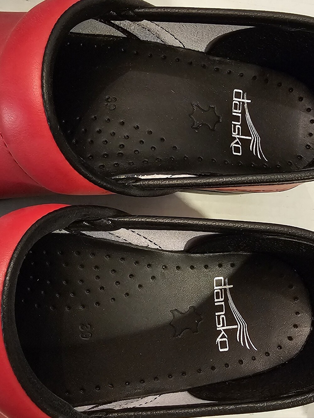 Dansko Red Leather Slip-On Clogs with Black Trim - Picture 8 of 15